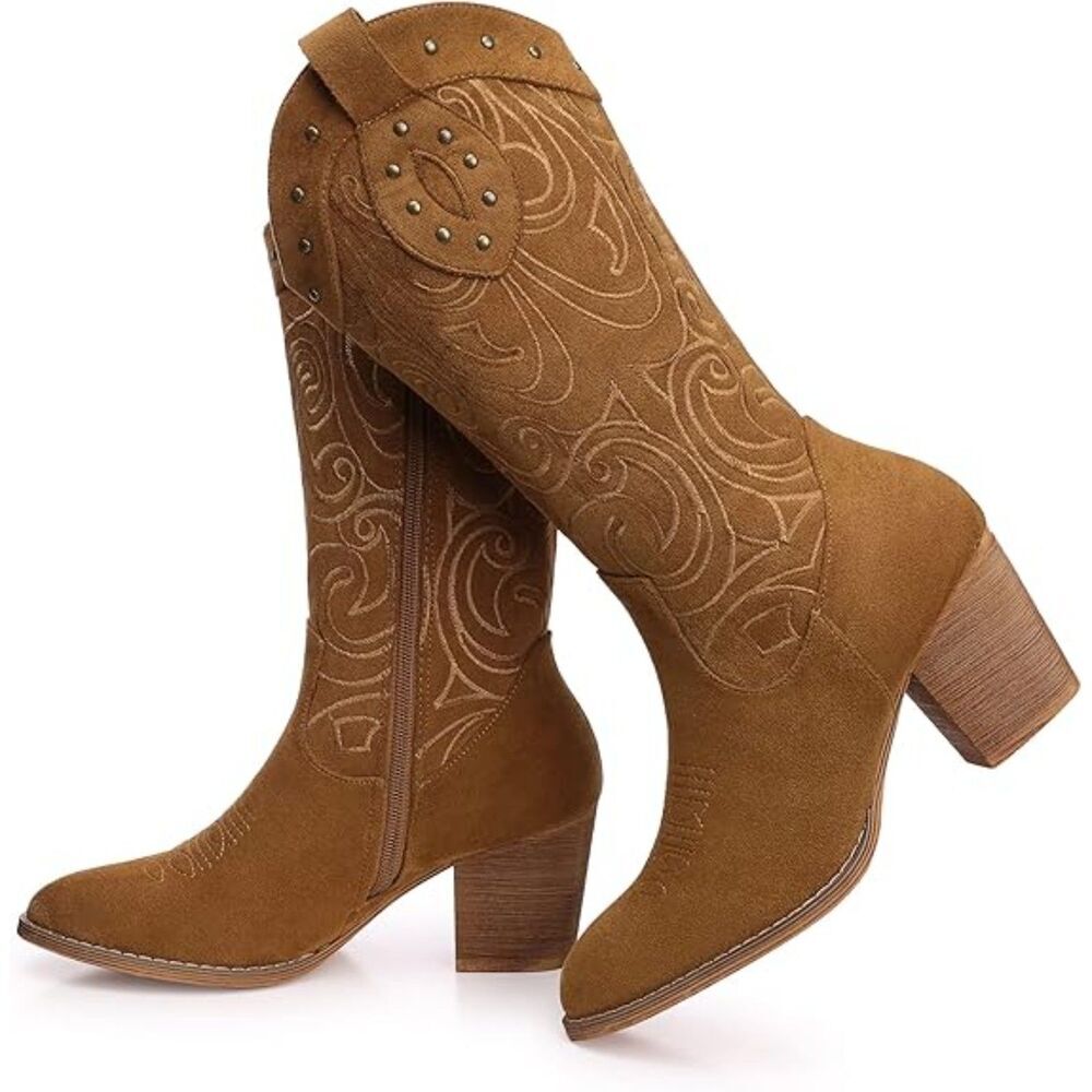 Women Brown Western Pointed Toe Chunky Heel Embroidered Mid Calf Cowgirl Boot